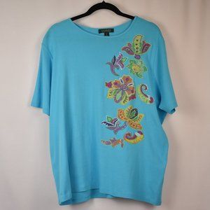 Lauren Ralph Lauren Cotton Turquoise Floral Beaded Short Sleeve T-Shirt Size 2X